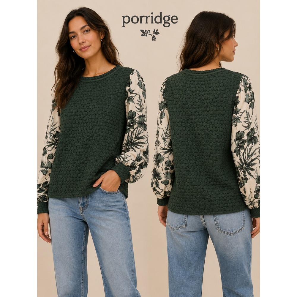 Porridge Anthropologie Green Bubble Knit Floral Sleeve Boho Top Size Large